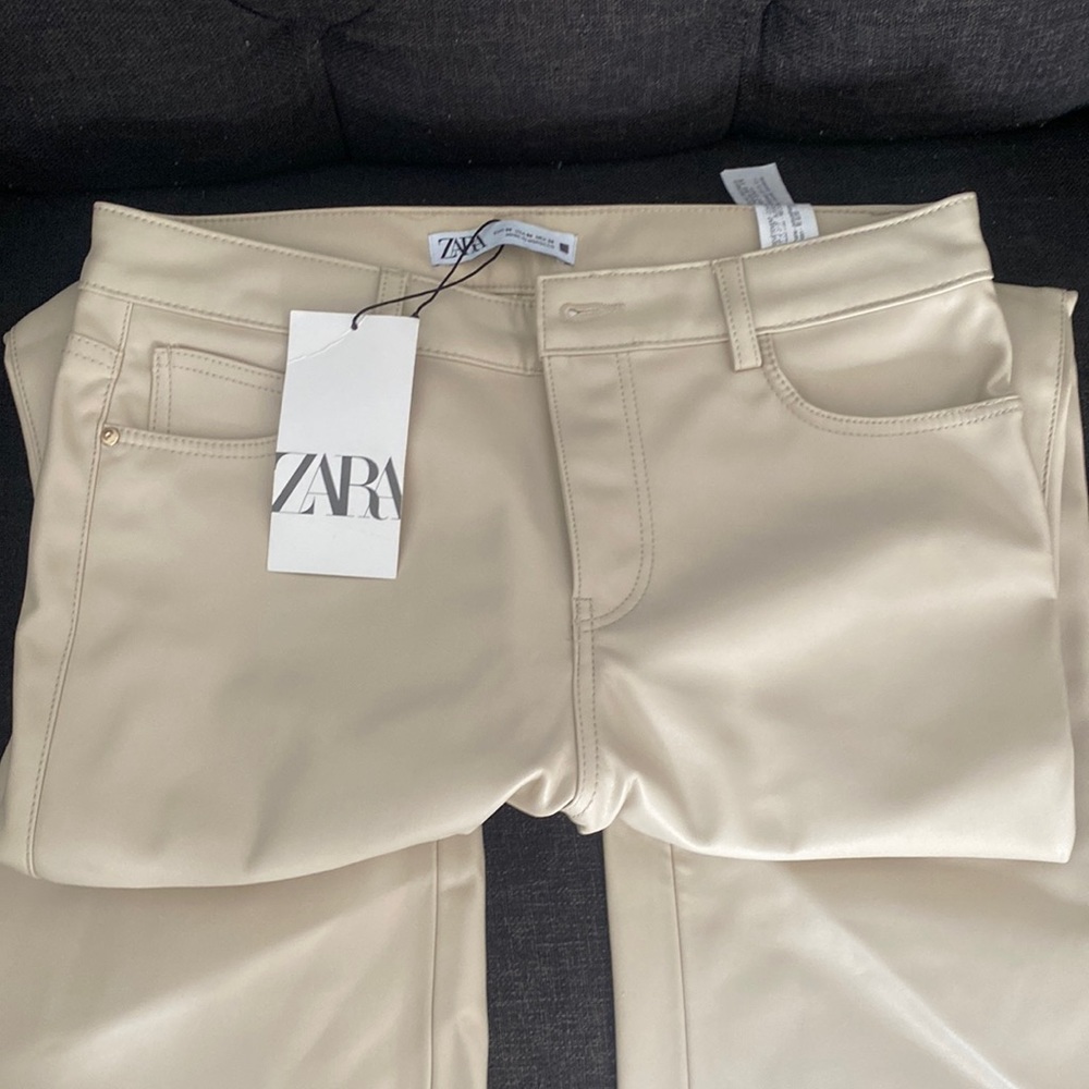 Zara straight leg beige faux leather pant